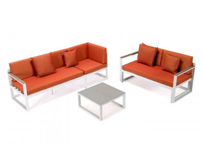 LeisureMod Chelsea White Sectional with Adjustable Headrest and Coffee Table with Cushions - Orange