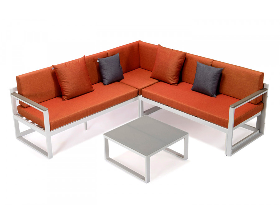 LeisureMod Chelsea White Sectional with Adjustable Headrest and Coffee Table with Two Tone Cushions - Orange