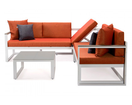 LeisureMod Chelsea White Sectional with Adjustable Headrest and Coffee Table with Two Tone Cushions - Orange