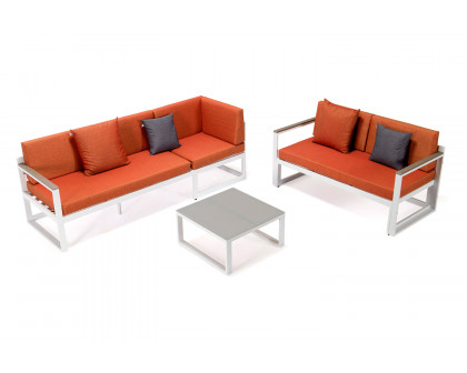 LeisureMod Chelsea White Sectional with Adjustable Headrest and Coffee Table with Two Tone Cushions - Orange