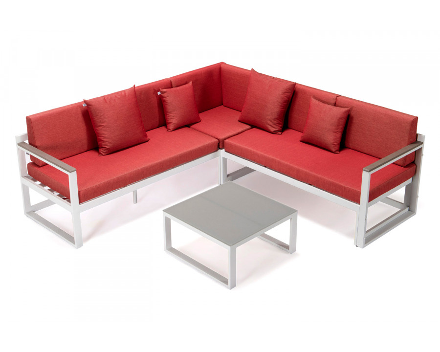 LeisureMod Chelsea White Sectional with Adjustable Headrest and Coffee Table with Cushions - Red