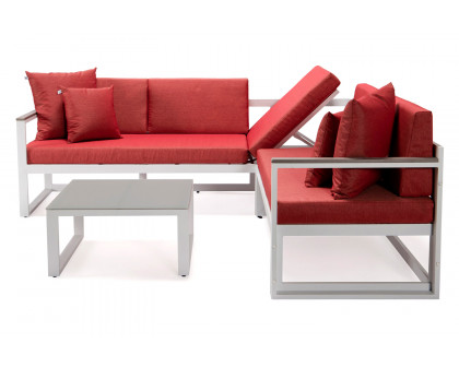 LeisureMod Chelsea White Sectional with Adjustable Headrest and Coffee Table with Cushions - Red