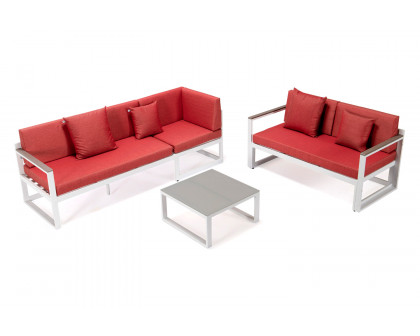 LeisureMod Chelsea White Sectional with Adjustable Headrest and Coffee Table with Cushions - Red