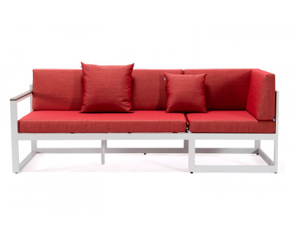 LeisureMod Chelsea White Sectional with Adjustable Headrest and Coffee Table with Cushions - Red