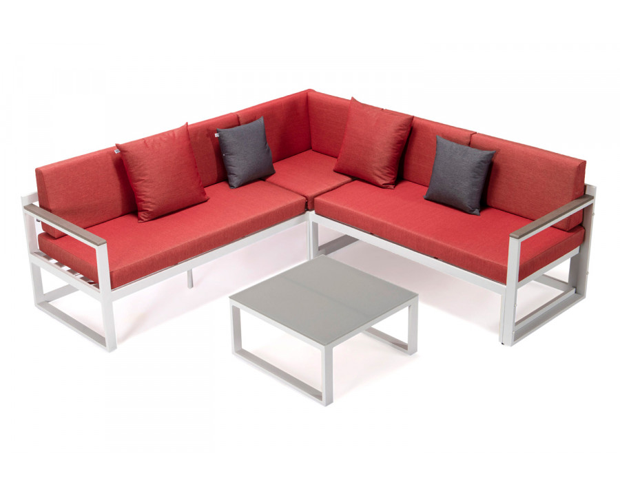 LeisureMod Chelsea White Sectional with Adjustable Headrest and Coffee Table with Two Tone Cushions - Red