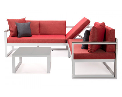 LeisureMod Chelsea White Sectional with Adjustable Headrest and Coffee Table with Two Tone Cushions - Red