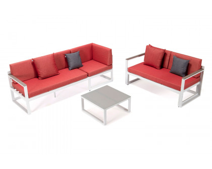 LeisureMod Chelsea White Sectional with Adjustable Headrest and Coffee Table with Two Tone Cushions - Red