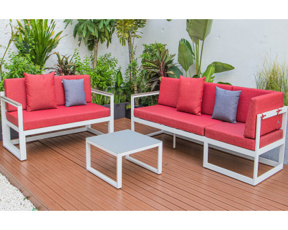 LeisureMod Chelsea White Sectional with Adjustable Headrest and Coffee Table with Two Tone Cushions - Red