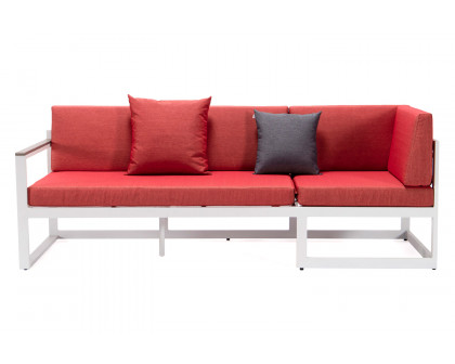 LeisureMod Chelsea White Sectional with Adjustable Headrest and Coffee Table with Two Tone Cushions - Red