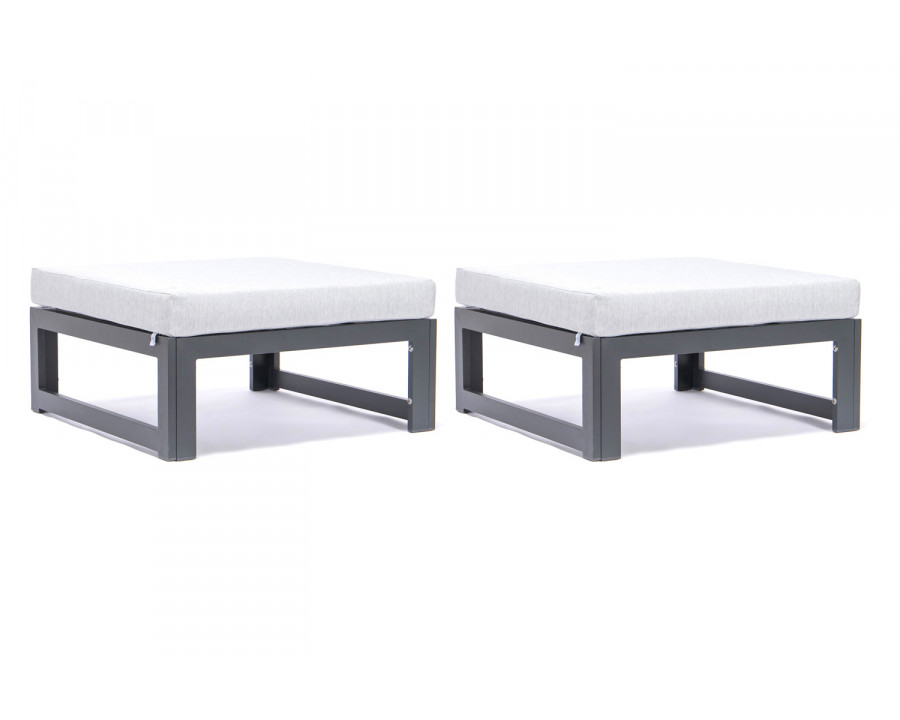 LeisureMod Chelsea Outdoor Patio Black Aluminum Ottomans with Cushions (Set Of 2) - Light Gray