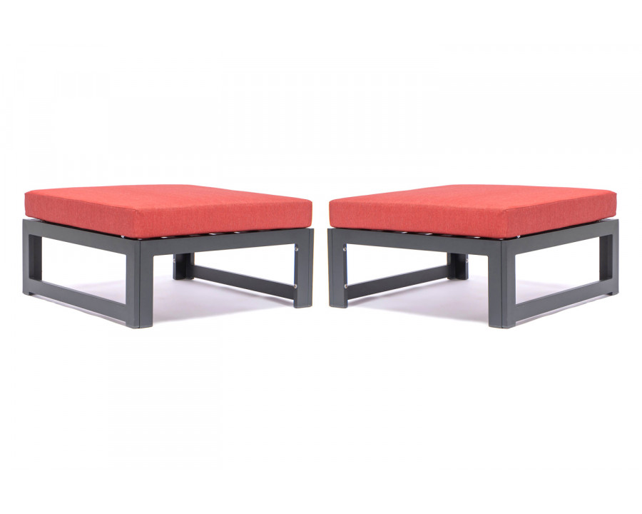 LeisureMod Chelsea Outdoor Patio Black Aluminum Ottomans with Cushions (Set Of 2) - Red