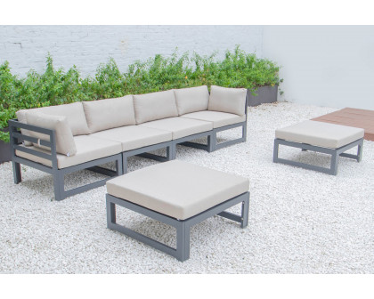 LeisureMod Chelsea 6-Piece Patio Ottoman Sectional Black Aluminum with Cushions - Beige