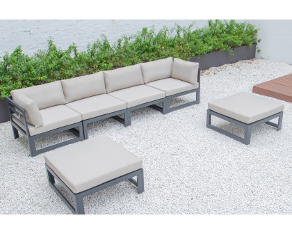 LeisureMod Chelsea 6-Piece Patio Ottoman Sectional Black Aluminum with Cushions - Beige