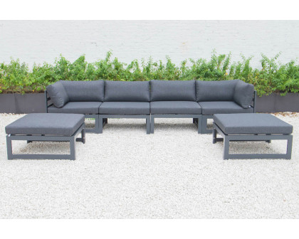 LeisureMod Chelsea 6-Piece Patio Ottoman Sectional Black Aluminum with Cushions