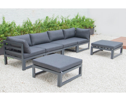 LeisureMod Chelsea 6-Piece Patio Ottoman Sectional Black Aluminum with Cushions - Black