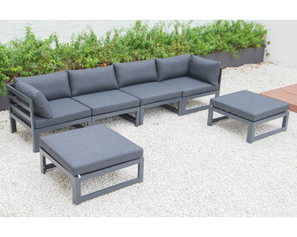 LeisureMod Chelsea 6-Piece Patio Ottoman Sectional Black Aluminum with Cushions - Black