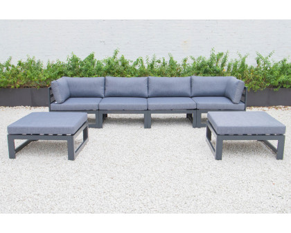 LeisureMod Chelsea 6-Piece Patio Ottoman Sectional Black Aluminum with Cushions