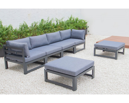 LeisureMod Chelsea 6-Piece Patio Ottoman Sectional Black Aluminum with Cushions - Blue