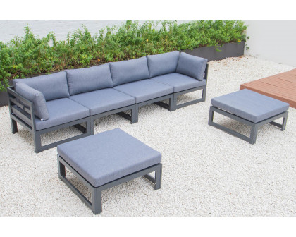 LeisureMod Chelsea 6-Piece Patio Ottoman Sectional Black Aluminum with Cushions - Blue