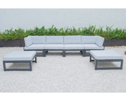 LeisureMod Chelsea 6-Piece Patio Ottoman Sectional Black Aluminum with Cushions