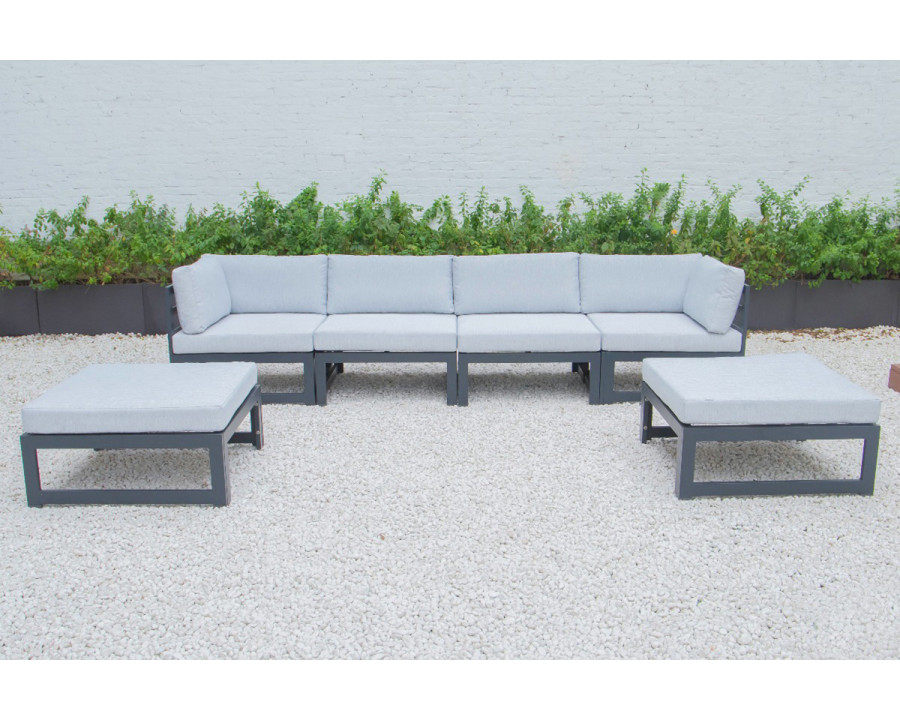 LeisureMod Chelsea 6-Piece Patio Ottoman Sectional Black Aluminum with Cushions - Light Gray