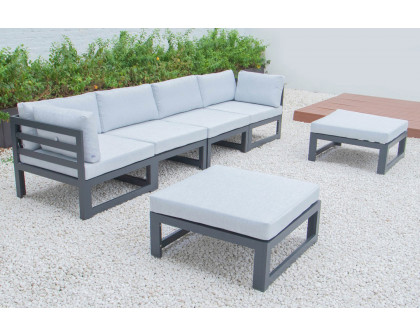 LeisureMod Chelsea 6-Piece Patio Ottoman Sectional Black Aluminum with Cushions - Light Gray