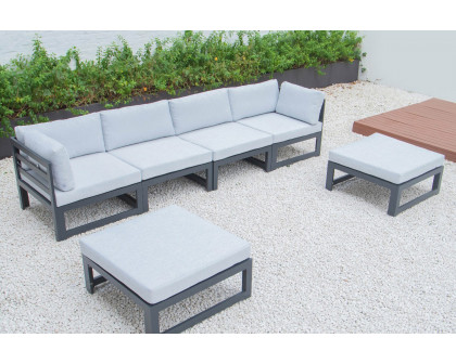 LeisureMod Chelsea 6-Piece Patio Ottoman Sectional Black Aluminum with Cushions - Light Gray