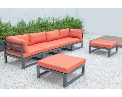 LeisureMod Chelsea 6-Piece Patio Ottoman Sectional Black Aluminum with Cushions - Orange