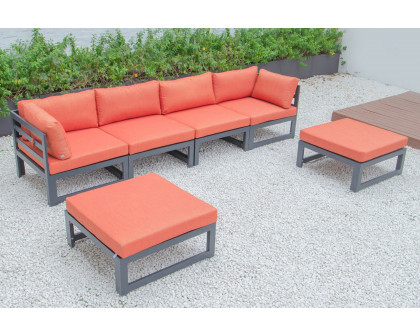 LeisureMod Chelsea 6-Piece Patio Ottoman Sectional Black Aluminum with Cushions - Orange