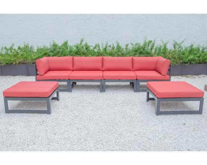 LeisureMod Chelsea 6-Piece Patio Ottoman Sectional Black Aluminum with Cushions