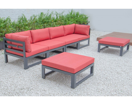 LeisureMod Chelsea 6-Piece Patio Ottoman Sectional Black Aluminum with Cushions - Red