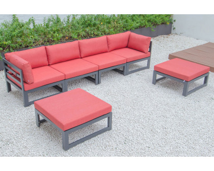 LeisureMod Chelsea 6-Piece Patio Ottoman Sectional Black Aluminum with Cushions - Red