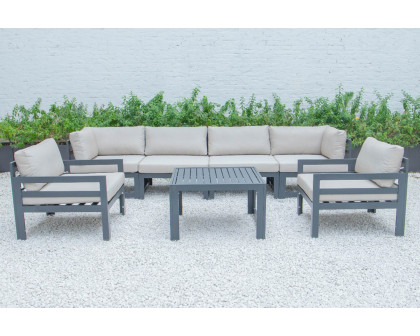 LeisureMod Chelsea 7-Piece Patio Sectional with 2 Arm Chairs and Coffee Table Set Black Aluminum with Cushions - Beige