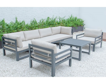 LeisureMod Chelsea 7-Piece Patio Sectional with 2 Arm Chairs and Coffee Table Set Black Aluminum with Cushions - Beige