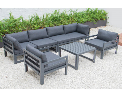 LeisureMod Chelsea 7-Piece Patio Sectional with 2 Arm Chairs and Coffee Table Set Black Aluminum with Cushions