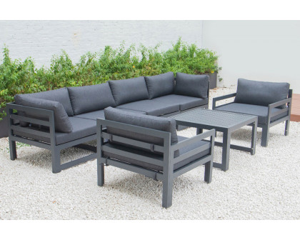 LeisureMod Chelsea 7-Piece Patio Sectional with 2 Arm Chairs and Coffee Table Set Black Aluminum with Cushions - Black