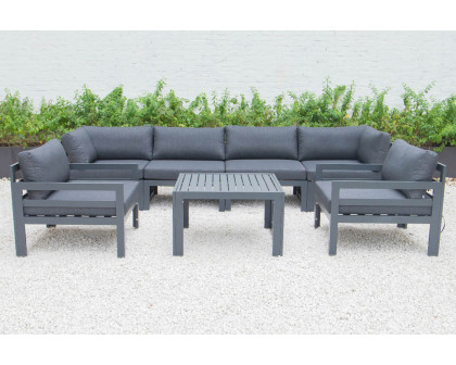 LeisureMod Chelsea 7-Piece Patio Sectional with 2 Arm Chairs and Coffee Table Set Black Aluminum with Cushions - Black