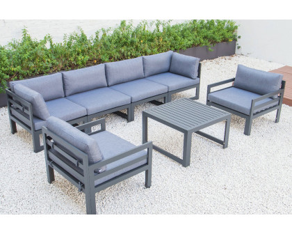 LeisureMod Chelsea 7-Piece Patio Sectional with 2 Arm Chairs and Coffee Table Set Black Aluminum with Cushions