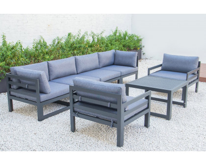 LeisureMod Chelsea 7-Piece Patio Sectional with 2 Arm Chairs and Coffee Table Set Black Aluminum with Cushions - Blue