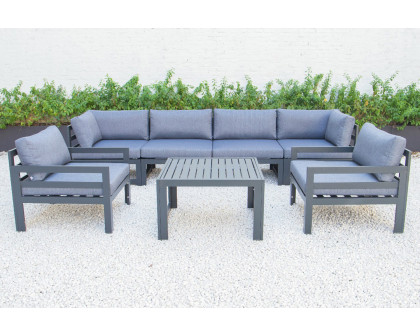 LeisureMod Chelsea 7-Piece Patio Sectional with 2 Arm Chairs and Coffee Table Set Black Aluminum with Cushions - Blue