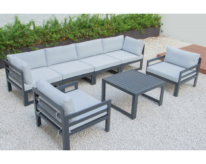 LeisureMod Chelsea 7-Piece Patio Sectional with 2 Arm Chairs and Coffee Table Set Black Aluminum with Cushions