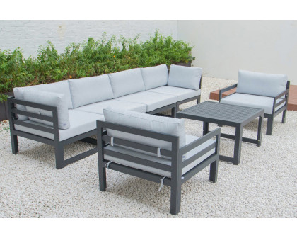 LeisureMod Chelsea 7-Piece Patio Sectional with 2 Arm Chairs and Coffee Table Set Black Aluminum with Cushions - Light Gray