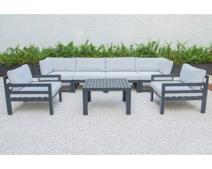 LeisureMod Chelsea 7-Piece Patio Sectional with 2 Arm Chairs and Coffee Table Set Black Aluminum with Cushions - Light Gray