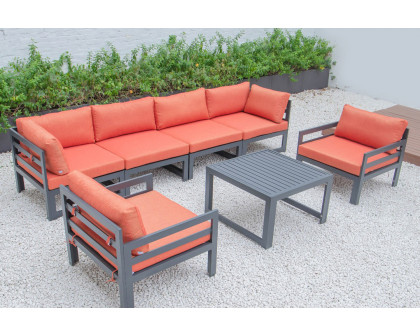 LeisureMod Chelsea 7-Piece Patio Sectional with 2 Arm Chairs and Coffee Table Set Black Aluminum with Cushions - Orange