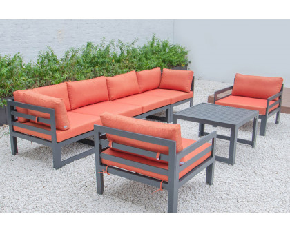 LeisureMod Chelsea 7-Piece Patio Sectional with 2 Arm Chairs and Coffee Table Set Black Aluminum with Cushions - Orange