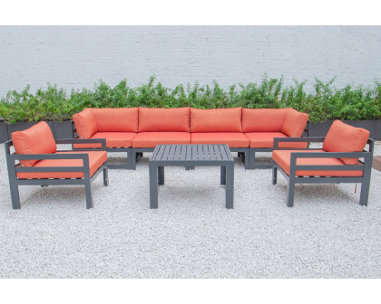 LeisureMod Chelsea 7-Piece Patio Sectional with 2 Arm Chairs and Coffee Table Set Black Aluminum with Cushions - Orange