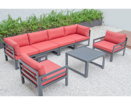 LeisureMod Chelsea 7-Piece Patio Sectional with 2 Arm Chairs and Coffee Table Set Black Aluminum with Cushions