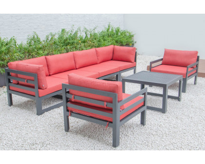 LeisureMod Chelsea 7-Piece Patio Sectional with 2 Arm Chairs and Coffee Table Set Black Aluminum with Cushions - Red