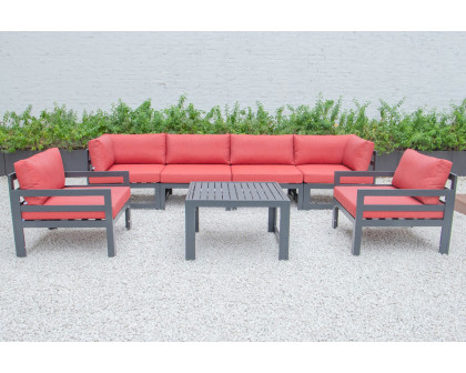 LeisureMod Chelsea 7-Piece Patio Sectional with 2 Arm Chairs and Coffee Table Set Black Aluminum with Cushions - Red