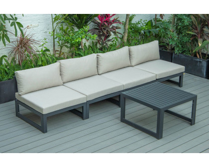 LeisureMod Chelsea 5-Piece Middle Patio Chairs and Coffee Table Set Black Aluminum with Cushions - Beige